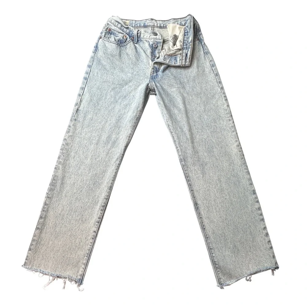 Levi's 501 Jeans Womens 27 Light Blue 90s Straight Leg Raw Hem Acid Wash Denim - Picture 1 of 13